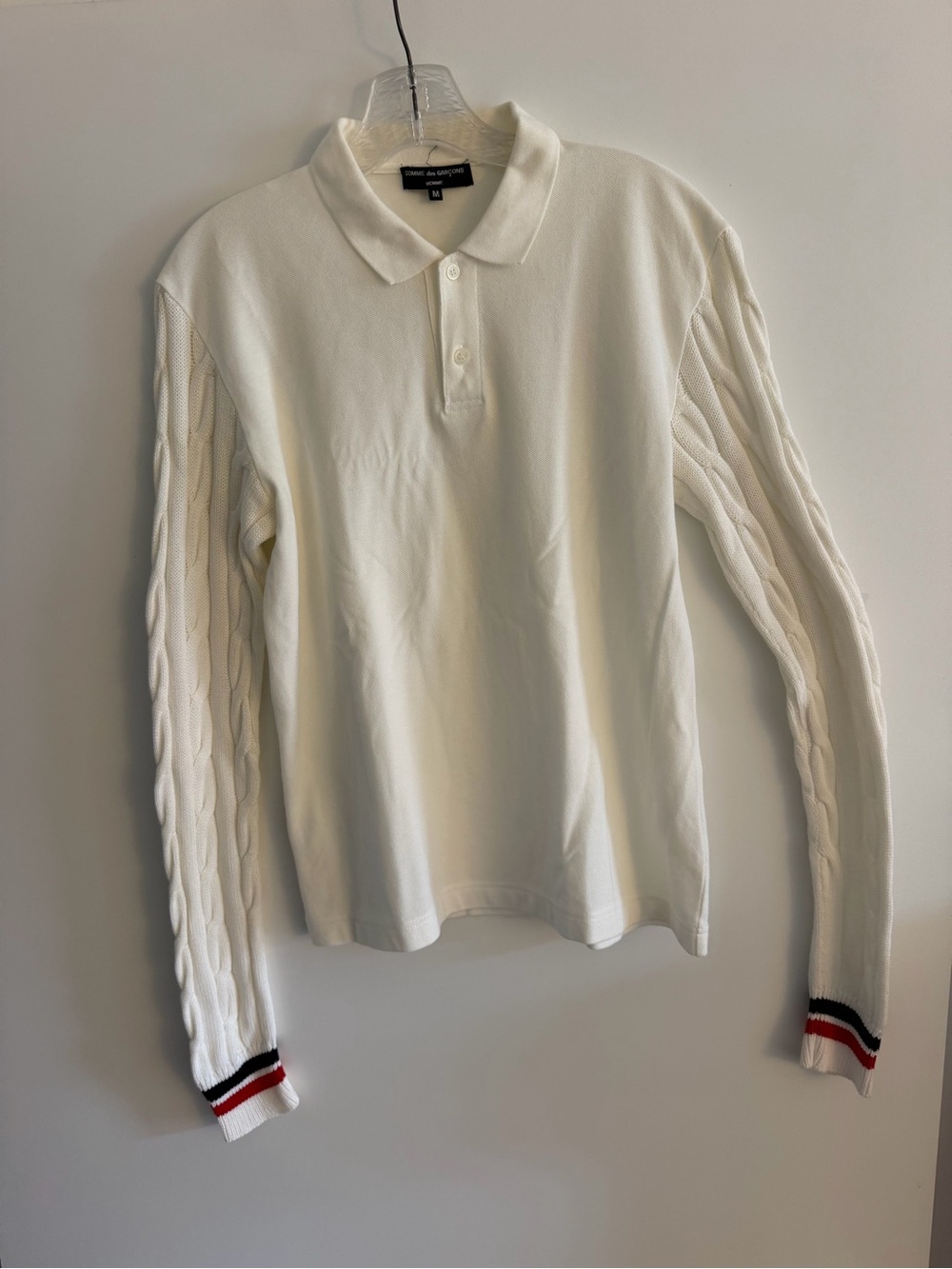 Comme des Garcons Homme White Long-Sleeve Polo with Stripe Cuffs